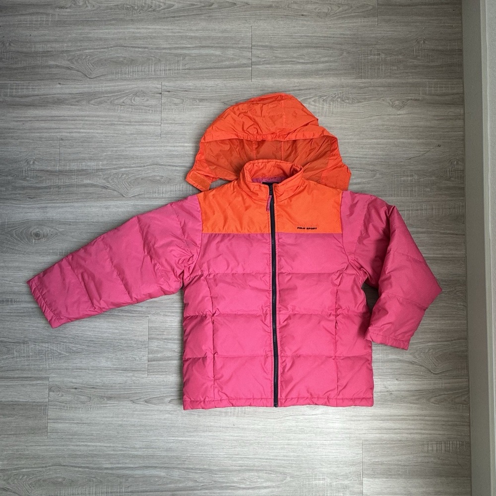 Vintage Pink Orange Puffer Down Jacket Hood Girl's XL 90s Cozy Winter Outdoor